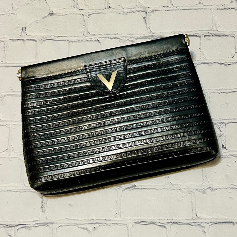 Valentino Black Leather Clutch with Gold Hardware & Embossed Logo Print (VGUC)